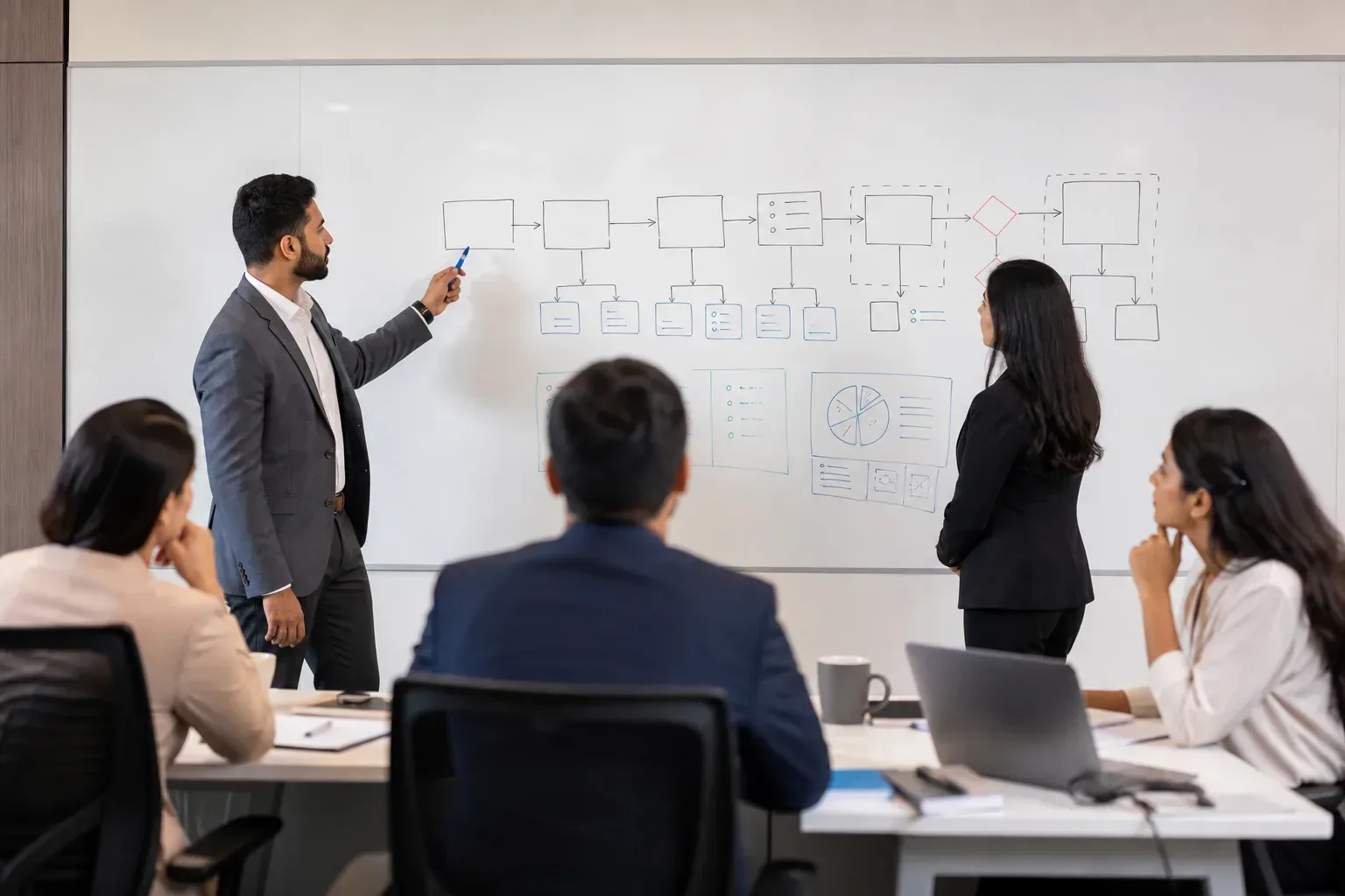 Consultants building sector-specific delivery playbooks on a whiteboard